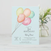 Carte Ballons d'aquarelle en bleu 1er anniversaire Invit (Debout devant)