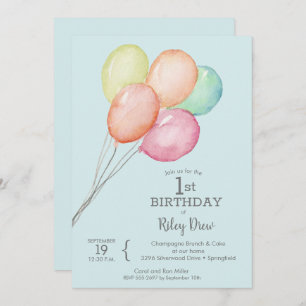 Carte Ballons d'aquarelle en bleu 1er anniversaire Invit