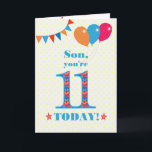 Carte Ballons de Bunting Son 11e anniversaire<br><div class="desc">Carte d'anniversaire colorée pour un fils de 11 ans, Le grand numéro 11 est rempli d'un motif orange, rouge et bleu, surligné de bleu vif. Il y a des ballons et du bunting en haut, dans des couleurs assorties et l'accueil à la couverture est : "Mon fils, tu as 11...</div>