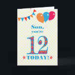 Carte Ballons de Bunting Son 12e anniversaire<br><div class="desc">Carte d'anniversaire colorée pour un fils de 12 ans, Le grand numéro 12 est rempli d'un motif orange, rouge et bleu, surligné de bleu vif. Il y a des ballons et du bunting en haut, dans des couleurs assorties et l'accueil à la couverture est : "Mon fils, tu as 12...</div>