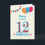 Carte Ballons de Bunting Son 12e anniversaire<br><div class="desc">Carte d'anniversaire colorée pour un fils de 12 ans, Le grand numéro 12 est rempli d'un motif orange, rouge et bleu, surligné de bleu vif. Il y a des ballons et du bunting en haut, dans des couleurs assorties et l'accueil à la couverture est : "Mon fils, tu as 12...</div>