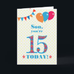 Carte Ballons de Bunting Son 15e anniversaire<br><div class="desc">Carte d'anniversaire colorée pour un fils de 15 ans, Le grand numéro 15 est rempli d'un motif orange, rouge et bleu, surligné de bleu vif. Il y a des ballons et du bunting en haut, dans des couleurs assorties et l'accueil à la couverture est : "Mon fils, tu as 15...</div>