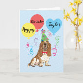 Carte Ballons de fête d'anniversaire Basset Hound (Fleur jaune)