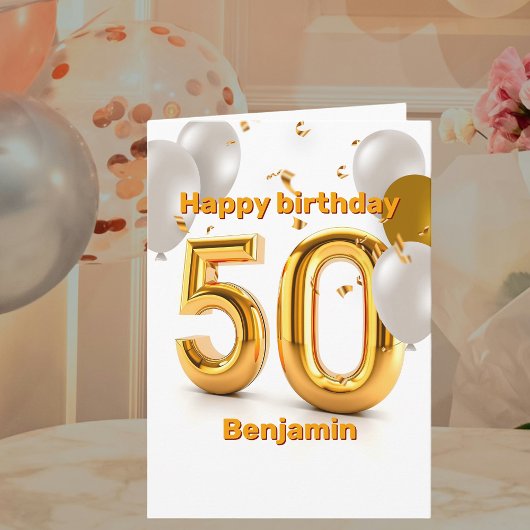 Carte Ballons d'or et d'argent Confetti 50e anniversaire