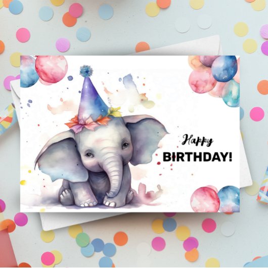 Carte Ballons éléphants et chapeau de fête Joyeux annive