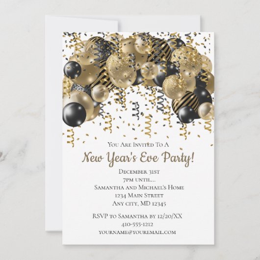 Carte Ballons Noir Or Confetti Nouvel An Soirée (Devant)