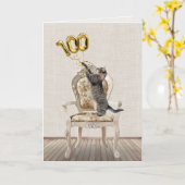 Carte Ballons pour le 100e anniversaire et chat tigré (Fleur jaune)
