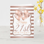 Carte Ballons Roses en or rayés 21e anniversaire (Fleur jaune)