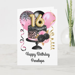 Carte Ballons roses et gâteau d'anniversaire 16 ans en o