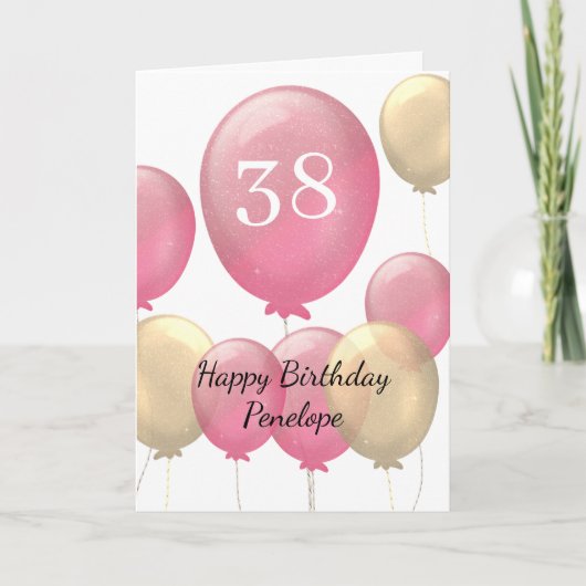 Carte Ballons roses et or 38e anniversaire (Devant)