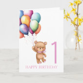 Carte Ballons Teddy Pink 1er anniversaire (Fleur jaune)