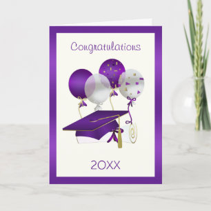 Carte Ballons violets, mortier et diplôme Graduation