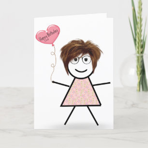 Carte Balloon Coeur de Stick Girl avec Birthday