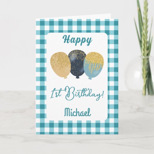 Carte Balloons Gingham Bleu Sarcelle pour l'anniversaire (Devant)