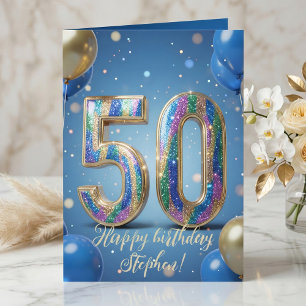 Carte Balloons Pailletés Bleu Or Élégants 50e Anniversai