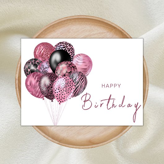 Carte Balloons Safari rose et noir Joyeux anniversaire