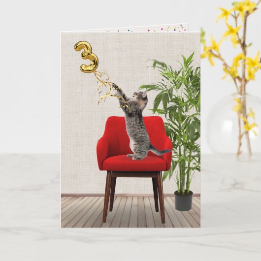 Carte Ballotte d'anniversaire 3e avec chat Tabby (Fleur jaune)