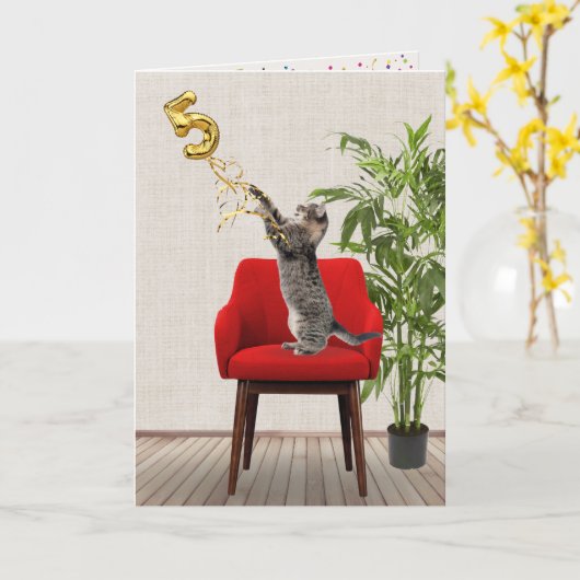Carte Ballotte du 5e anniversaire avec chat Tabby (Fleur jaune)