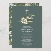 Carte Baptême à fleurs blanches et à fleurs de feuillage (Devant / Derrière)