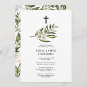 Carte Baptême à fleurs blanches et à fleurs de feuillage (Devant / Derrière)