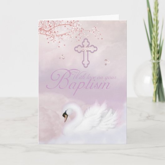 Carte Baptême Avec Cygne Rose (Devant)