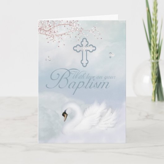 Carte Baptême Avec Cygne Rose (Devant)