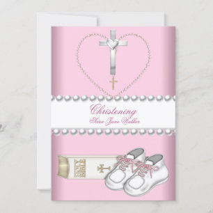 Carte Baptême Christening Fille Rose Blanc