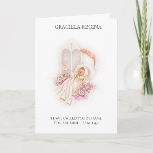 Carte Baptême Christening Scriptural Bébé Fille Roses (Devant)