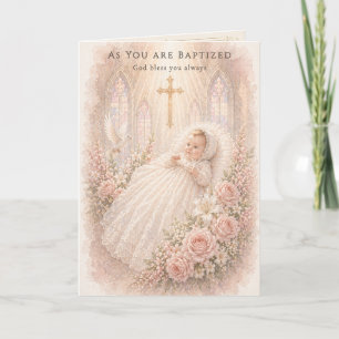 Carte Baptême Fille Croix Florale Christening
