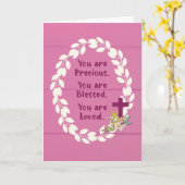 Carte Baptême Fille Précieuse Béni et aimé sur rose (Fleur jaune)