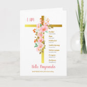 Carte Baptême fille rose et rouge Fleurs sur Crucifix (Devant)