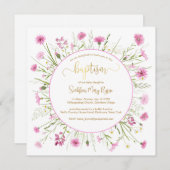 Carte Baptême Fleur sauvage rose Police Or (Devant / Derrière)
