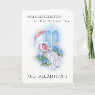 Carte Baptême Garçon Bébé Roses Bleues Croix Catholique