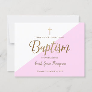 Carte Baptême Merci bébé fille simple rose or