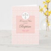 Carte Baptême nièce rose avec dentelle et croix (Fleur jaune)