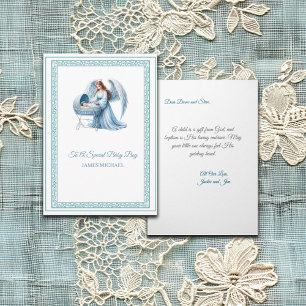 Carte Baptême personnalisable avec ange et bébé garçon