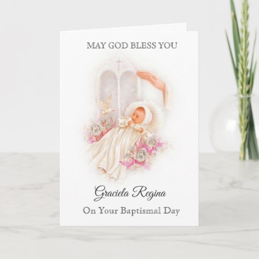 Carte Baptism Baby Girl Roses Cross (Devant)