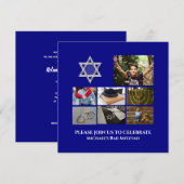 Carte Bar Mitzvah star David photo collage bleu (Devant / Derrière)