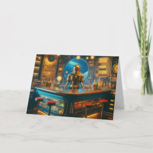 Carte Barman Robot dans un bar interstellaire à l'ère sp