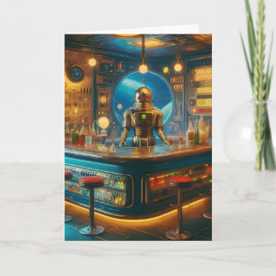 Carte Barman Robot dans un bar interstellaire à l'ère sp