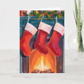 Carte Bas de Noël rouges cheminée aquarelle (Devant)