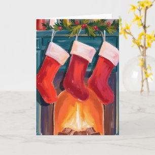 Carte Bas de Noël rouges cheminée aquarelle