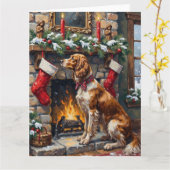 Carte Bas rouge de Noël Setter Anglais cheminée (Fleur jaune)