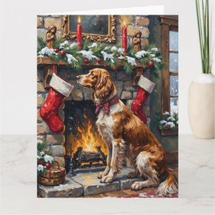 Carte Bas rouge de Noël Setter Anglais cheminée