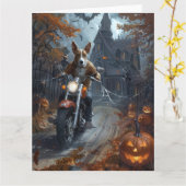 Carte Basenji équitation moto Halloween effrayant (Fleur jaune)