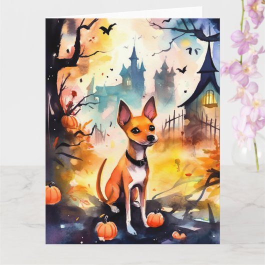 Carte Basenji Halloween Avec Citrouilles Épouvantable  (Orchidée)