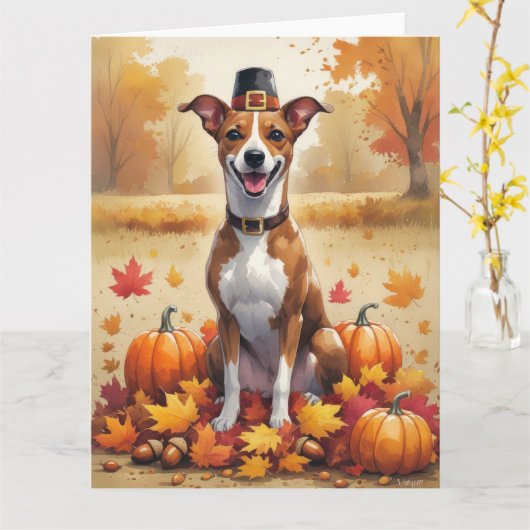 Carte Basenji L'Automne Laisse L'Art Thanksgiving (Fleur jaune)