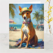 Carte Basenji sur la plage, cadeau d'été pour les amoure (Fleur jaune)