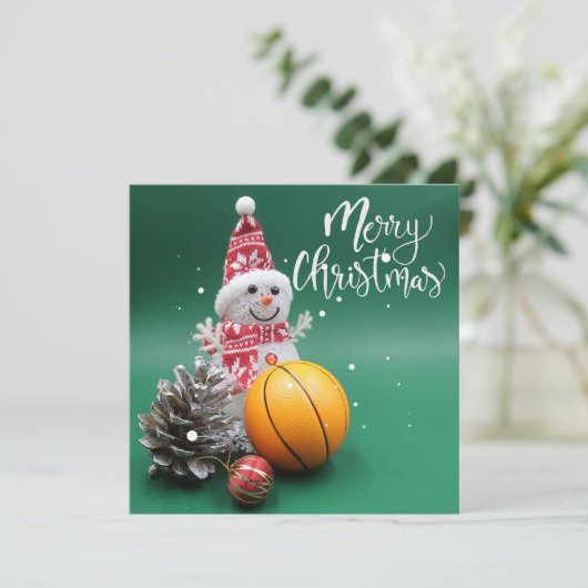 Carte Basket-ball Joyeux Noël avec Snowman en vert (Debout devant)