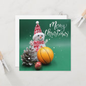 Carte Basket-ball Joyeux Noël avec Snowman en vert (Devant/Arrière en situation)